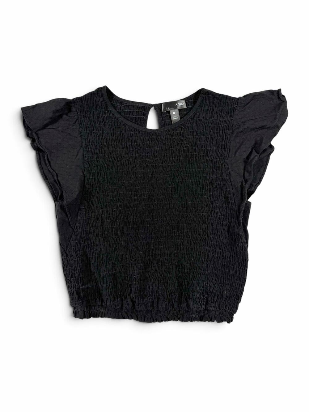 AQUA Smocked Ruffle Flutter Sleeve Blouse Black Extra Small XS